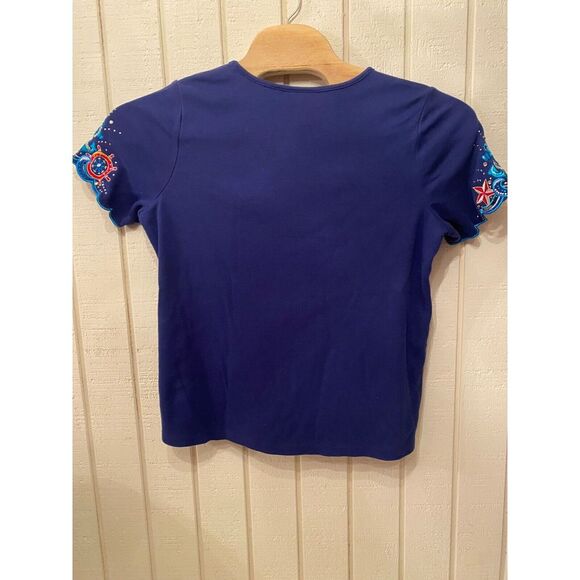 Quacker Factory T-Shirt Women's L Blue Embroidered Bling Sleeves Crew Neck - Picture 7 of 9
